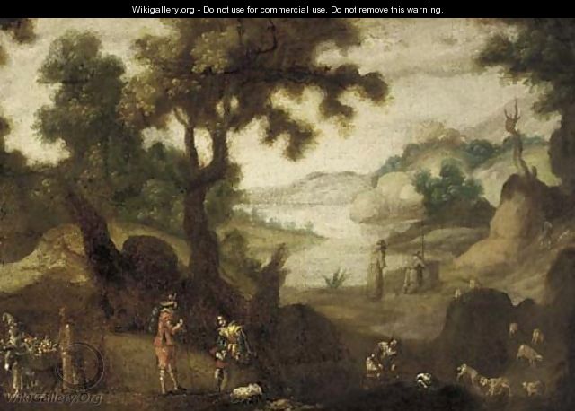 A landscape with monks, travellers, a fruit seller and a shepherd and his flock - (after) Ignacio De Iriarte