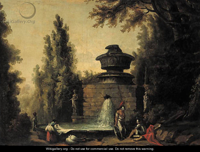 Washerwomen by a fountain with Roman warriors in an Italianate garden - (after) Hubert Robert