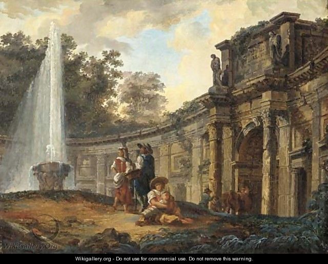 Figures conversing before a capriccio of classical ruins - (after) Hubert Robert