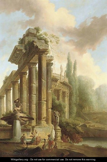 An architectural capriccio of classical ruins in a garden with figures by a fountain - (after) Hubert Robert