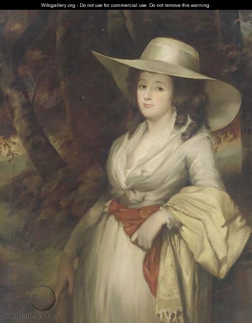 Portrait of a lady, three-quarter-length, in a white dress and straw hat - (after) Romney, George