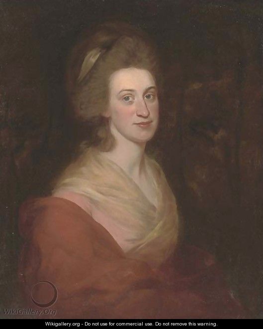 Portrait of a lady, half-length, in a pink dress and orange wrap - (after) Romney, George