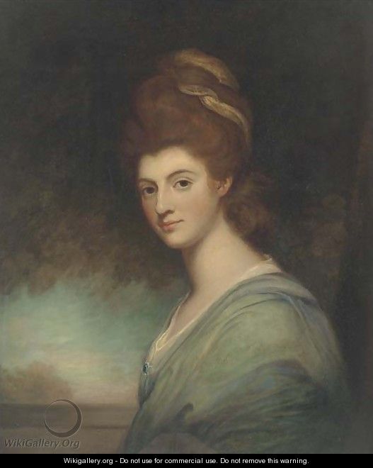 Portrait of a lady, bust-length, in a turquoise dress - (after) Romney, George