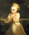 Portrait of a girl, standing small three quarter length in a landscape, wearing a white dress, being frightened by the weather - (after) Romney, George