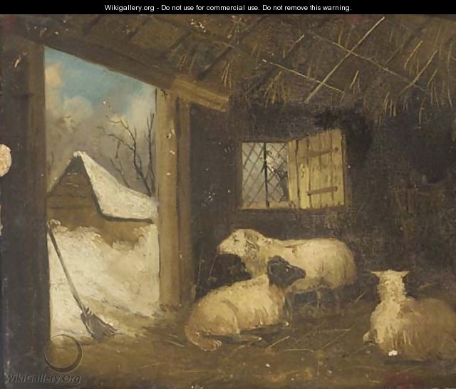 Sheep in a stable in winter - (after) George Morland