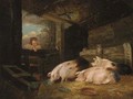 Pigs in a sty with a child at the gate - (after) George Morland