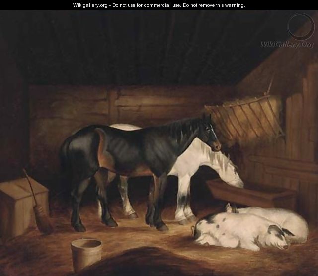 Horses and pigs in a stable - (after) George Morland