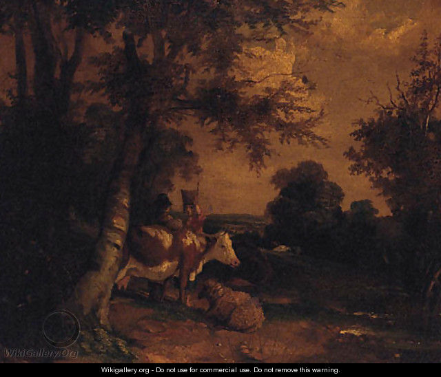 Figures with Cattle and Sheep in a wooded Landscape - (after) George Morland