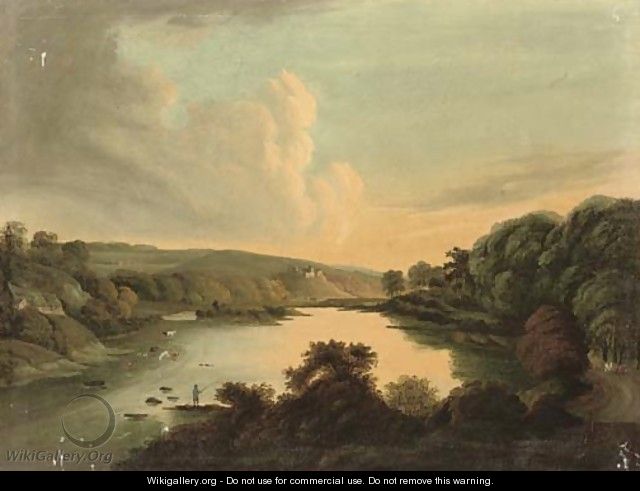 Fishing on a river, sunset - (after) George Cuitt