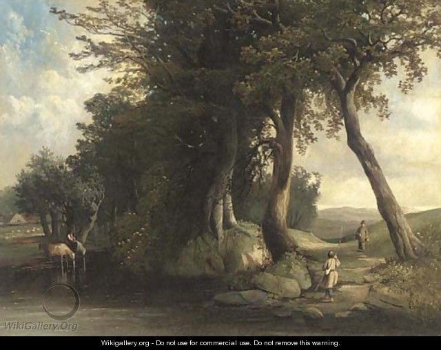 Cattle watering and anglers by a river - (after) George Augustus Williams