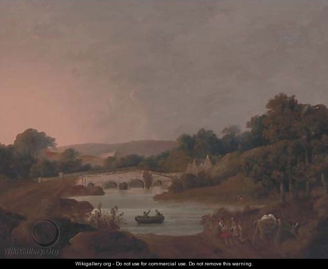 Figures with a donkey resting by a river - (after) George Arnald