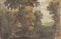 Hunters shooting gamebirds in a wooded landscape - (after) Gillis Van Coninxloo