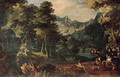 A tiger hunt in a forest, a valley beyond - (after) Gillis Van Coninxloo