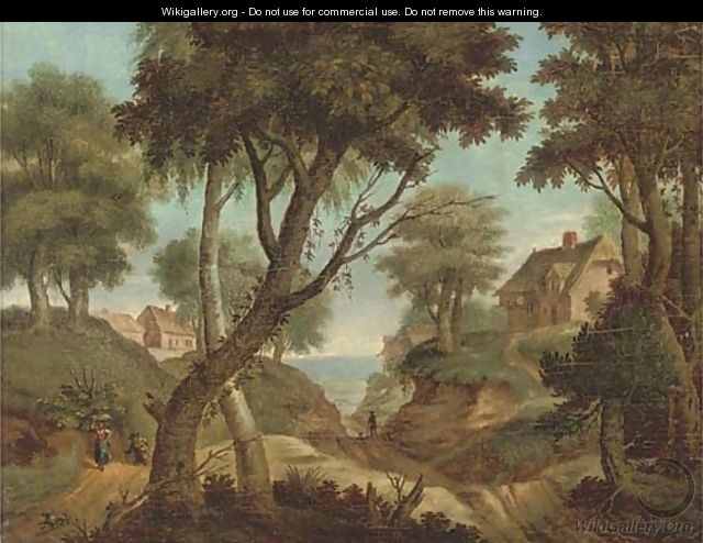 An extensive wooded landscape with travellers on tracks - (after) Gillis Neyts