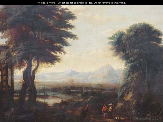 An extensive river landscape with travellers and their flock on a path 2 - (after) Gillis Neyts
