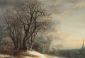 Travellers on a snowy path overlooking a valley, at sunset - (after) Gijsbrecht Leytens