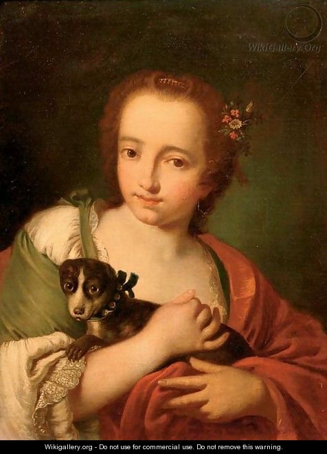 A young woman in a green dress and a red wrap, with a dog in her arms - (after) Giovanni Battista Piazzetta