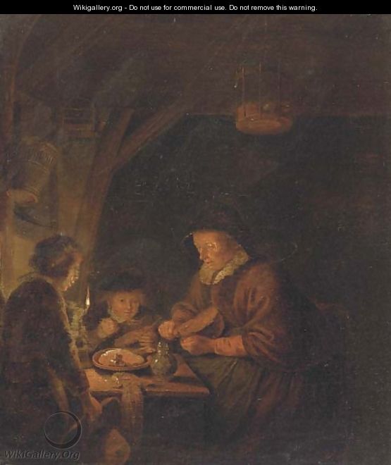 An old woman and two children eating by candlelight in an interior - (after) Gerrit Dou