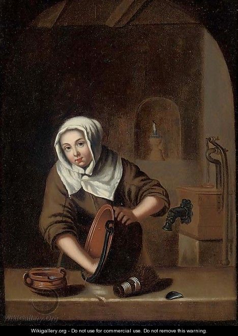 A woman cleaning pots at a casement - (after) Gerrit Dou