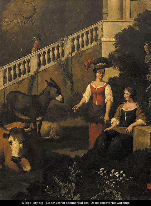 Peasantwomen in the garden of a mansion - (after) Gerrit Adriaensz Berckheyde