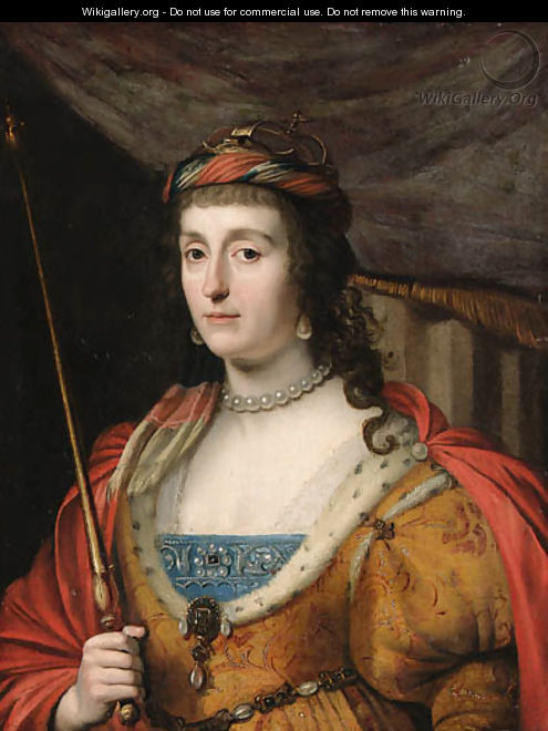 Portrait of Elizabeth, Queen of Bohemia, half-length, in a gold- embroidered dress with ermine lining, a red cape and holding a sceptre - (after) Honthorst, Gerrit van