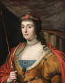 Portrait of Elizabeth, Queen of Bohemia, half-length, in a gold- embroidered dress with ermine lining, a red cape and holding a sceptre - (after) Honthorst, Gerrit van