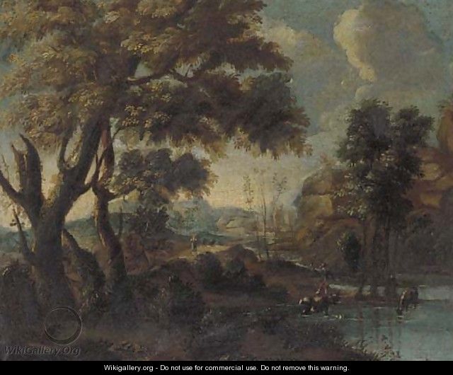 A mountainous river landscape with a herdsman watering his cattle - (after) Giovanni Francesco Grimaldi