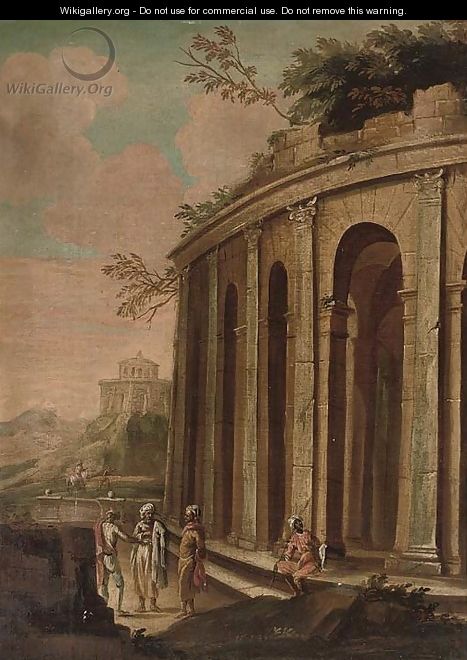 A landscape with Orientals by a classical ruin, travellers beyond - (after) Giovanni De Momper