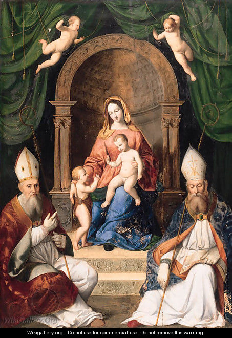 The Madonna and Child enthroned with the Infant Saint John the Baptist, and two Bishop Saints - (after) Giovanni Battista Salvi, II Sassoferrato