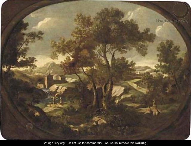 A landscape with travellers at rest by a river, other figures on a path, a walled town beyond - (after) Gianbattista Cimaroli