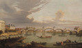 View of Hampton Court Bridge, with boats on the River Thames and King Henry VIII