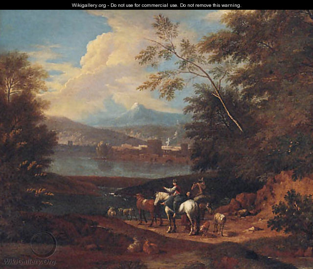 Drovers by a river, a town and mountains beyond - (after) Giuseppe Zais
