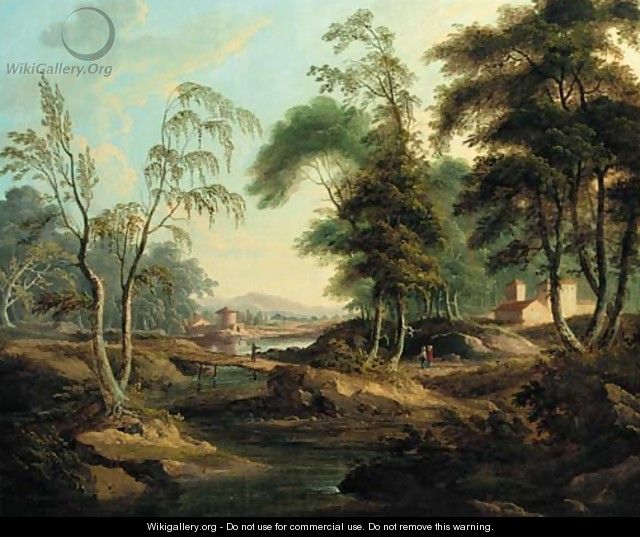 An Italianate river landscape with figures at a bridge - (after) Giuseppe Zais