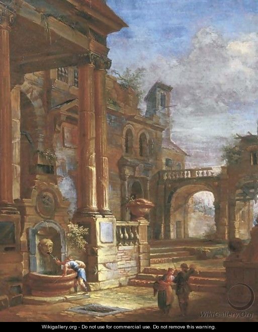 An architectural capriccio with figures by a fountain in a square - (after) Giovanni Paolo Panini