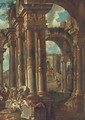A capriccio of Roman ruins with soldiers and other figures - (after) Giovanni Paolo Panini