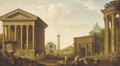 A capriccio of figures amongst Roman ruins - (after) Giovanni Paolo Panini
