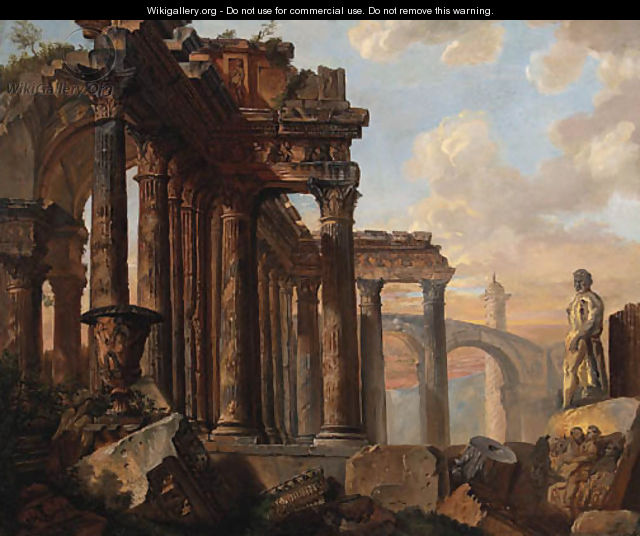 A capriccio of classical ruins with the Farnese Hercules - (after) Giovanni Paolo Panini