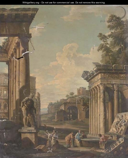 A capriccio of classical architecture with figures by a fountain - (after) Giovanni Paolo Panini