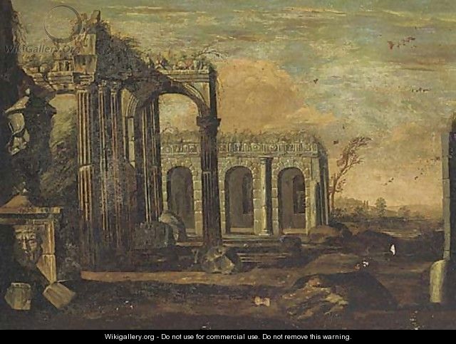 An architectural cappriccio of Roman ruins - (after) Giovanni Ghisolfi