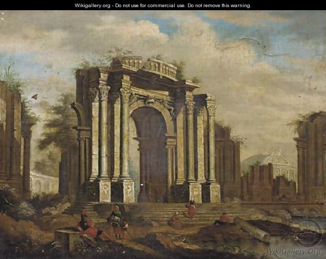 A capriccio of classical ruins with soldiers and other figures in the foreground - (after) Giovanni Ghisolfi