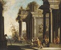 A capriccio of architectural ruins with classical figures - (after) Giovanni Ghisolfi