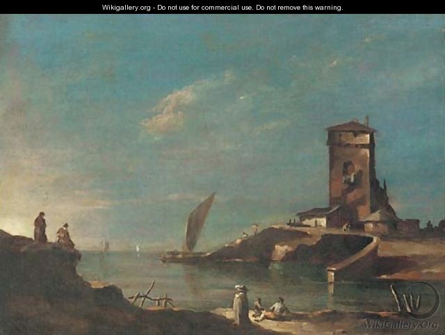 A capriccio with a tower, figures in the foreground - (after) Francesco Guardi