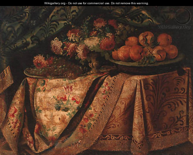 A vase of flowers with a salvers of grapes and oranges on a draped table - (after) Francesco (Il Maltese) Fieravino