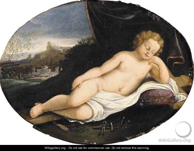 The sleeping Christ Child with the instruments of the Passion - (after) Francesco Albani