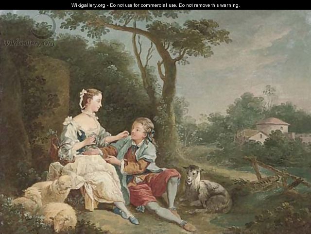 A wooded river landscape with a swain courting a shepherdess - (after) Francois Boucher
