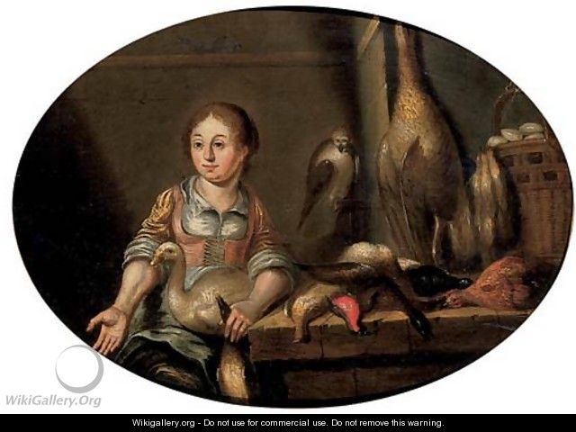 A maid in a kitchen, seated by a table laden with dead game - (after) Floris Gerritsz. Van Schooten