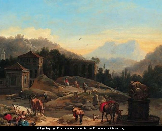 An extensive Italianate landscape with travellers by a well - (after) Francesco Zuccarelli