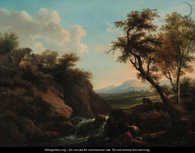 Figures in a rocky river landscape with a town beyond - (after) Francesco Zuccarelli
