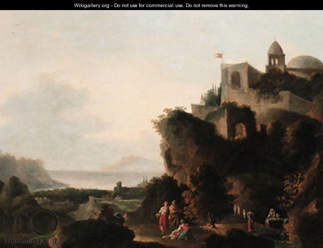 An Italianate coastal landscape with peasants before a fortified hilltop castle - (after) Francesco Zuccarelli