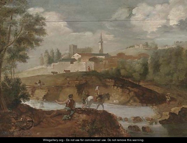A wooded river landscape with an angler on a river bank, and travellers crossing the river, a town beyond - (after) Francesco Zuccarelli